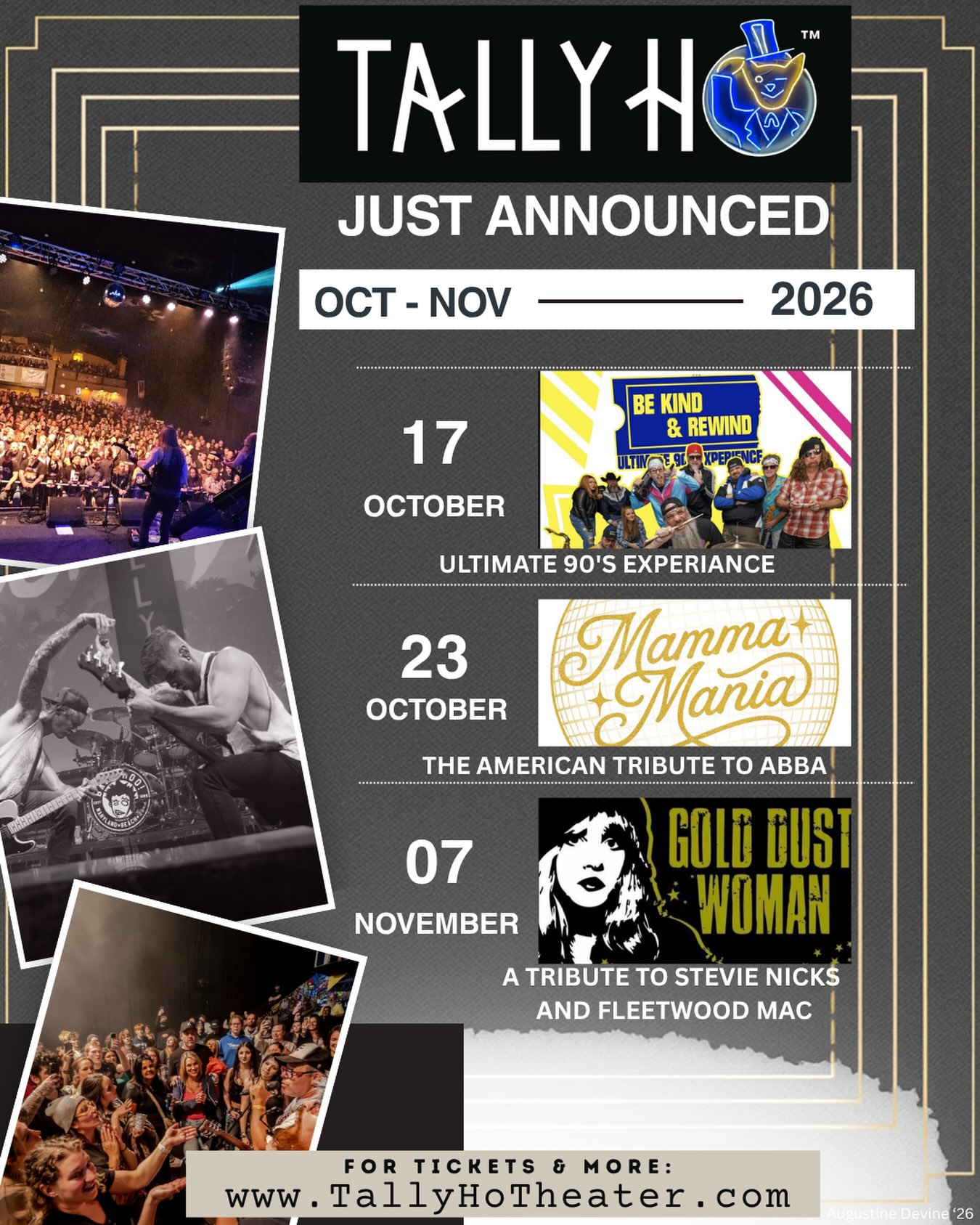 ⭐️Just Announced⭐️

-90s Night with Be Kind and Rewind
Saturday , October 17

-Mamma Mania: The American Tribute to ABBA
Friday, October 23

-Gold Dust Woman: A Tribute to Stevie Nicks and Fleetwood Mac
Saturday November 7

Tickets on sale Wednesday at 10am!