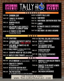 Feb calendar is here! Beat the snow -come to a show! 
#leesburgva #live #tallyhotheater