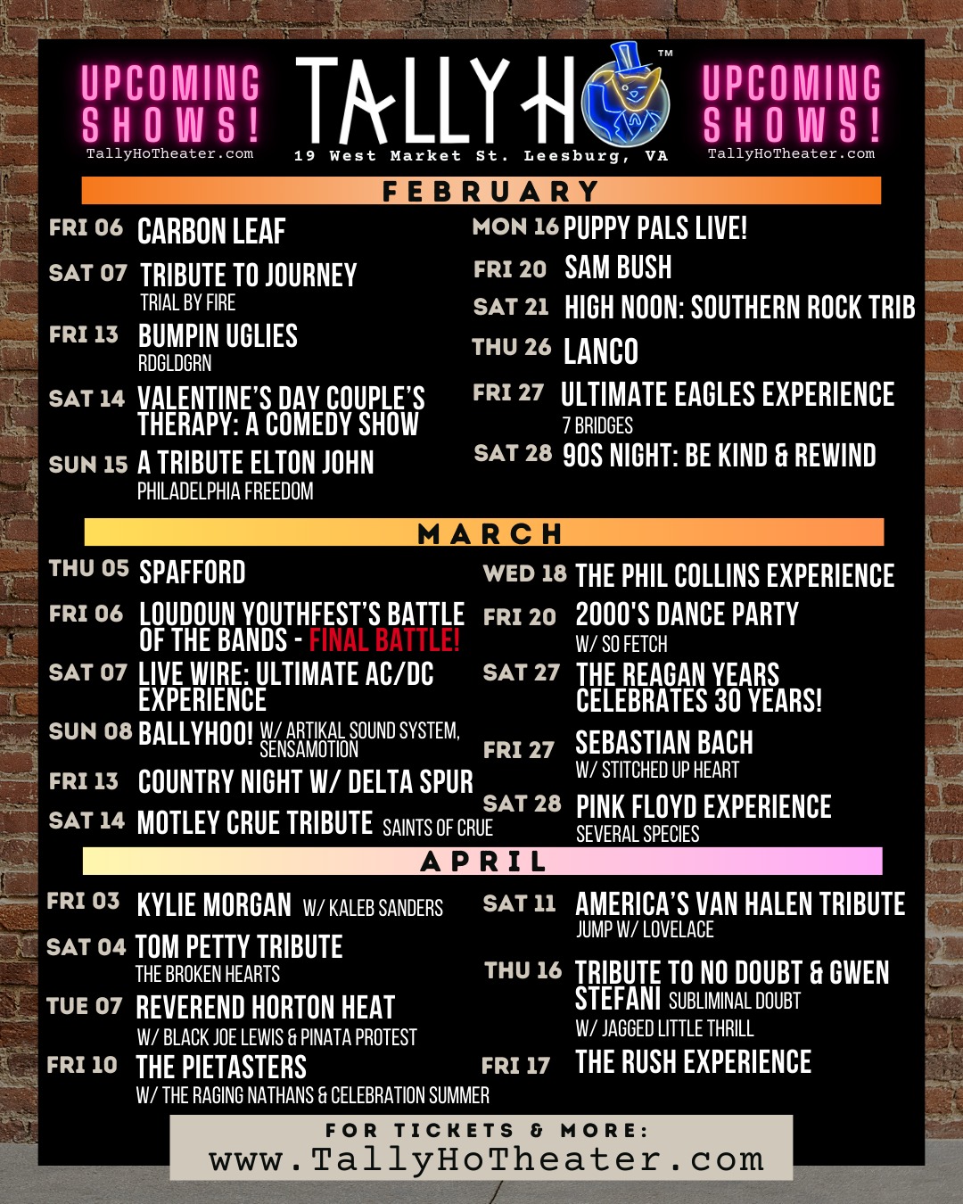 Feb calendar is here! Beat the snow -come to a show! 
#leesburgva #live #tallyhotheater