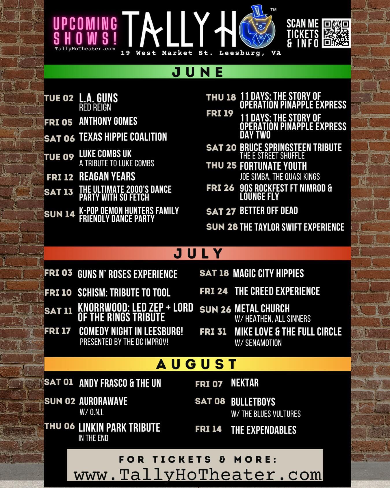 Summer nights belong at Tally Ho!☀️🎶 Check out our June–August lineup and plan your next night out!
